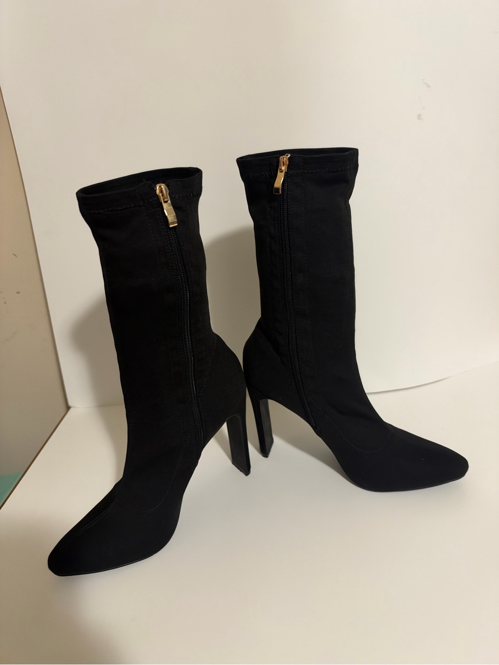 Women's Black Mid-Calf Stiletto Boots with Gold Zip